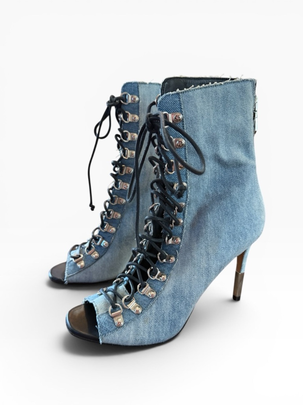 Balmain Blue Denim Club Lace-Up Peep-Toe Stiletto Ankle Boots EU 38.5 US 8.5